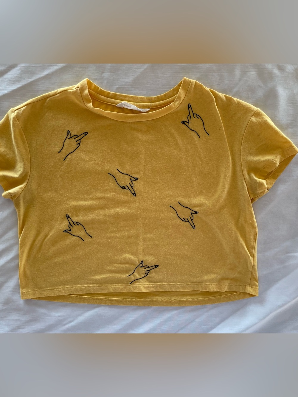 Yellow Graphic Crop Tee with middle finger/ Hand Motif